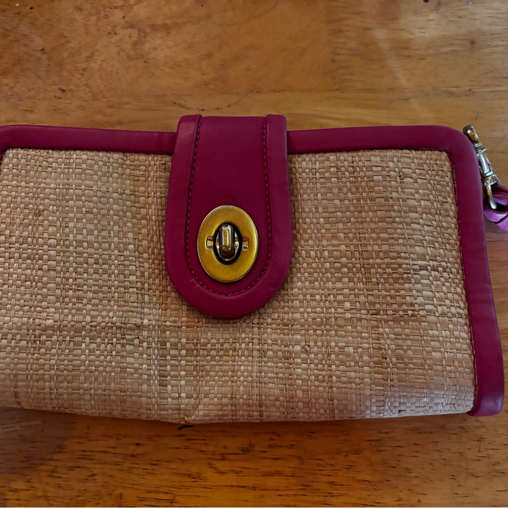 Coach Straw Clutch with Fuchsia Trim and Gold Hardware